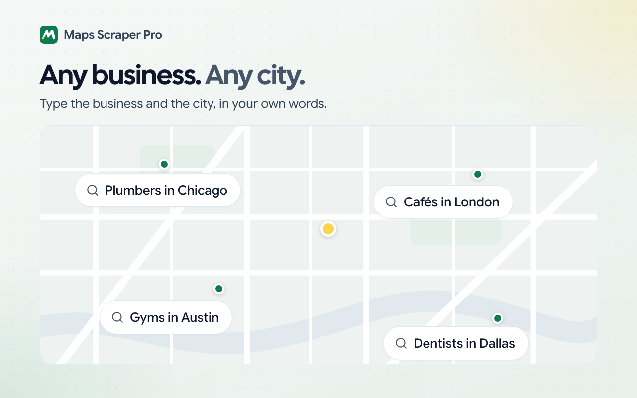 Four example searches on a map: plumbers in Chicago, cafés in London, gyms in Austin and dentists in Dallas.