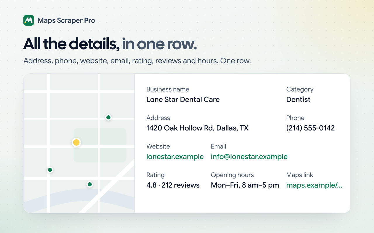 One collected business shown as a row: business name, category, address, phone, website, email, rating 4.8, 212 reviews, opening hours and its Maps link. Sample data.
